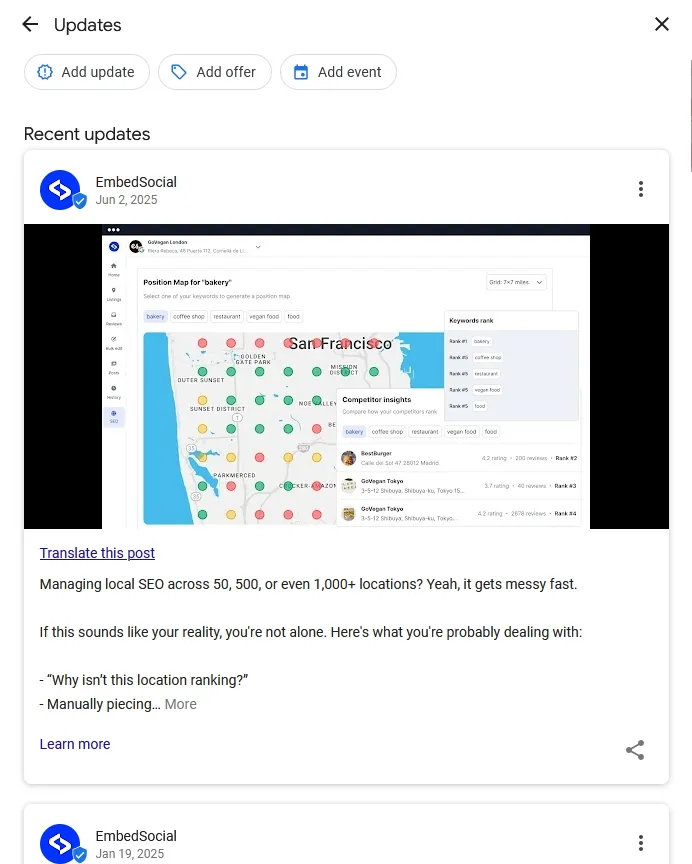 embedsocial gbp dashboard updates page