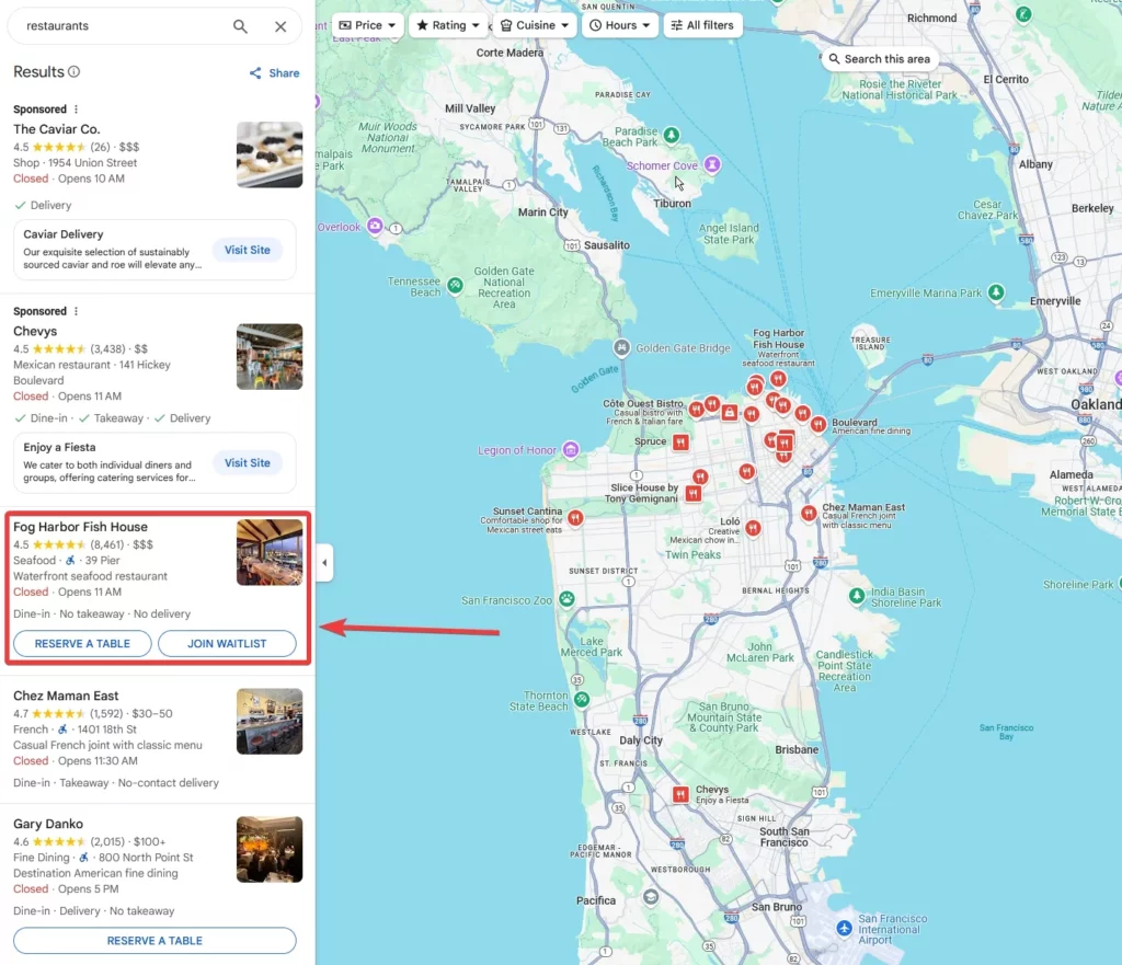 searching for a restaurant in san francisco using google maps