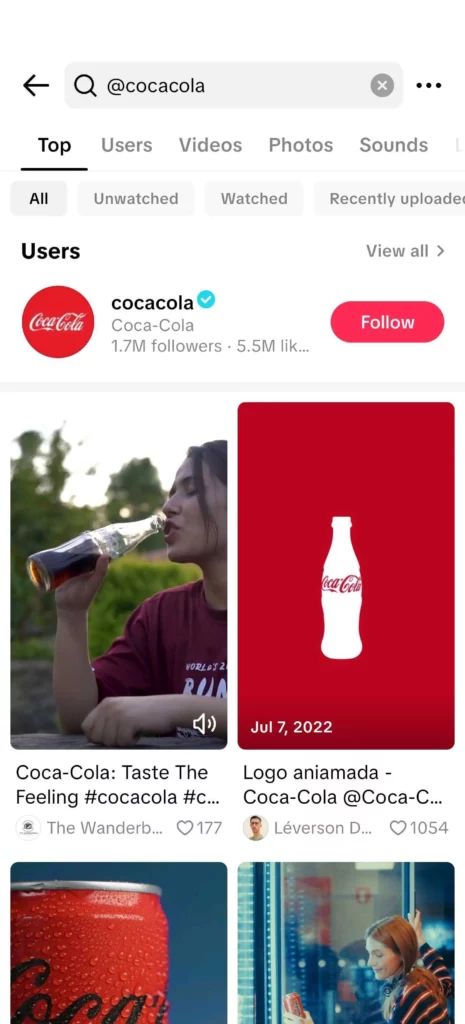 searching for cocacola mentions on tiktok