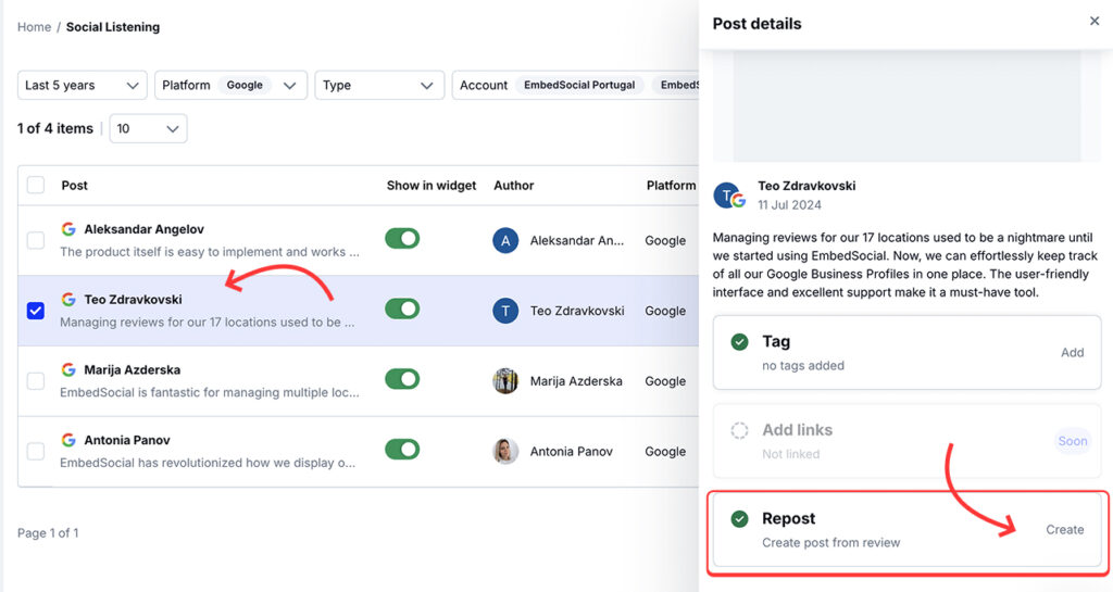 Repost a Google review on social media