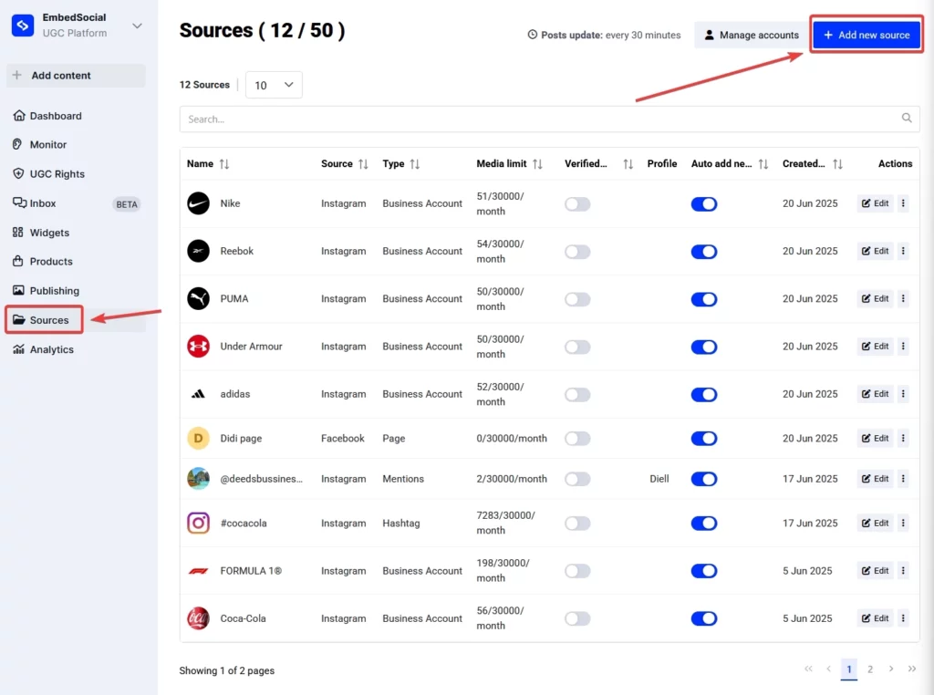 adding a social media source in embedsocial