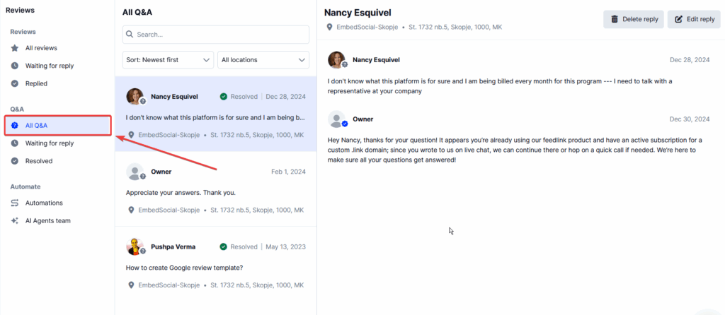 finding the embedsocial q&a gbp section