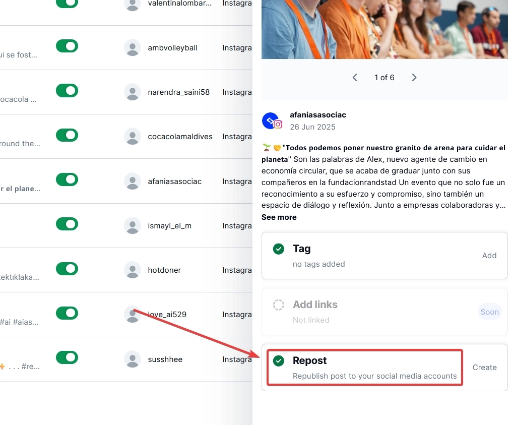 accessing the repost function in embedsocial