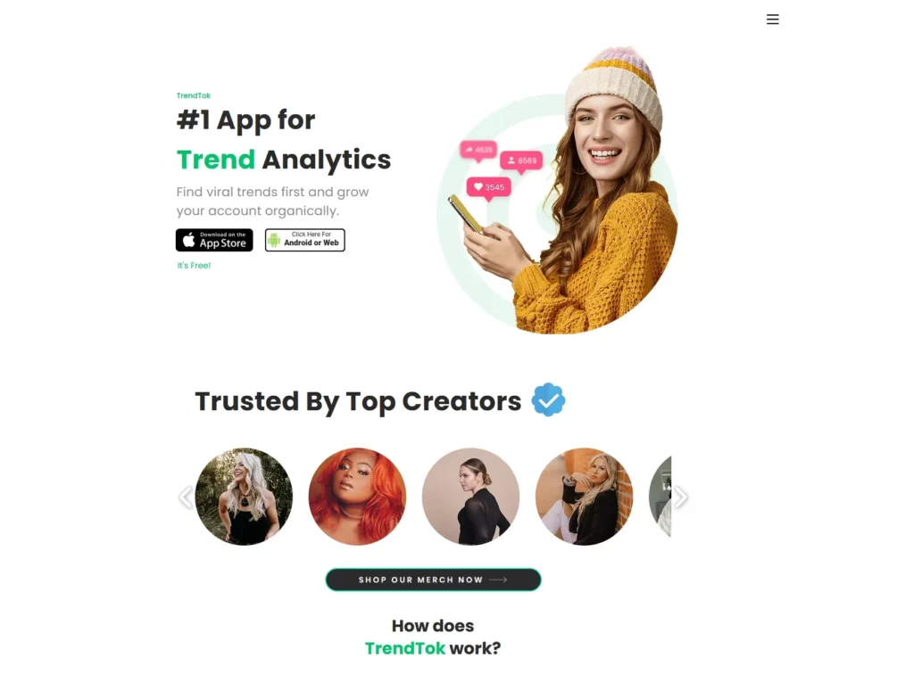 trendtok analytics landing page