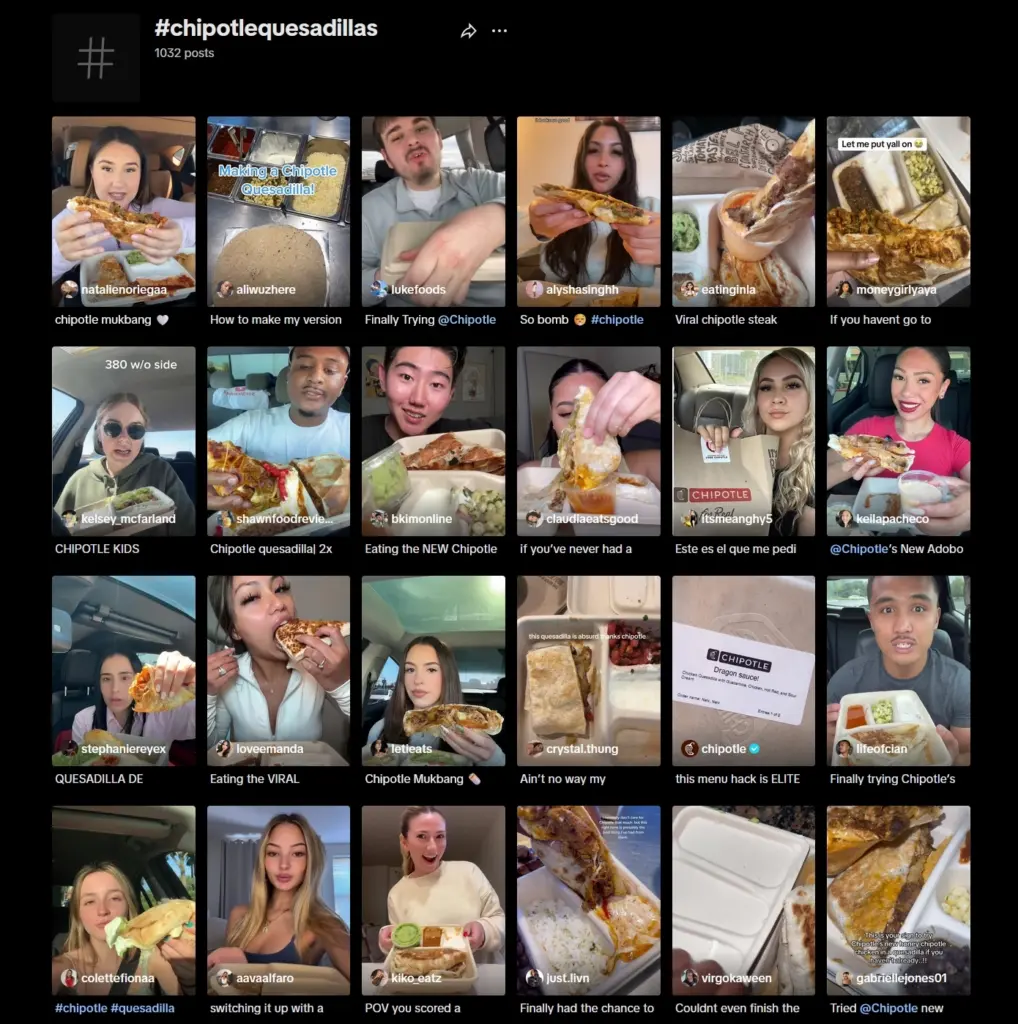 chipotle quesadilla hashtag page on tiktok