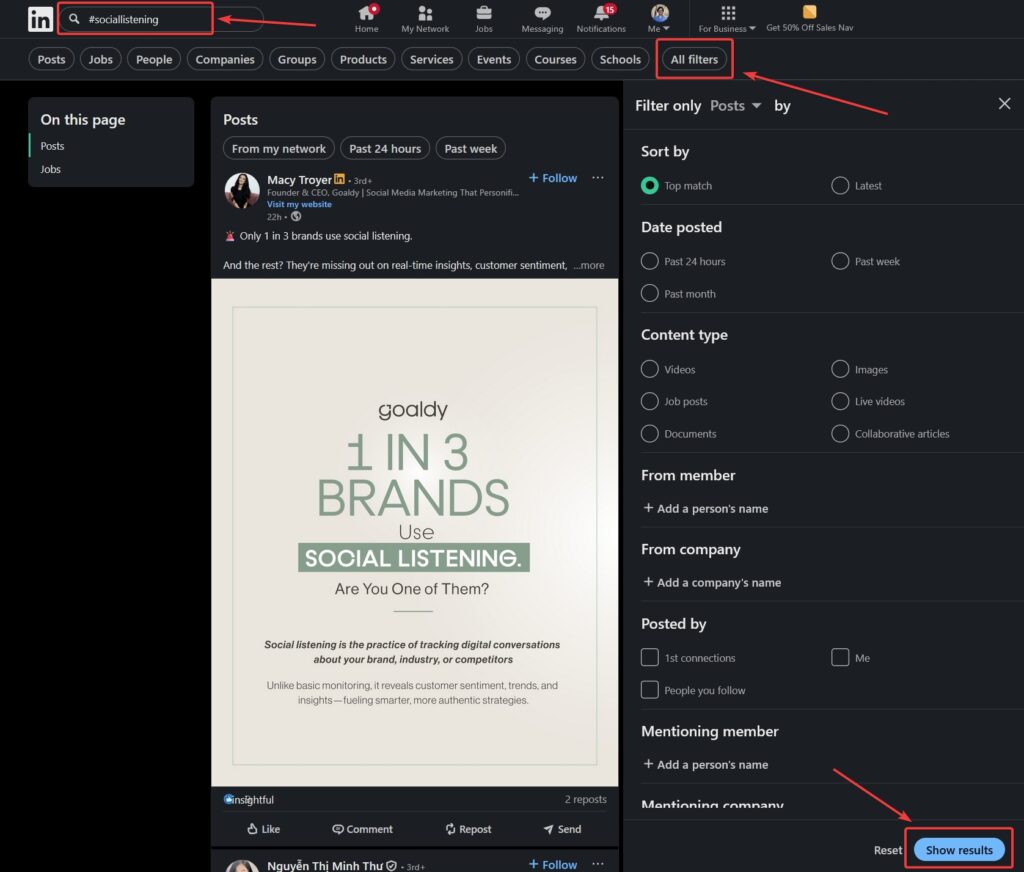 filtering search results on linkedin