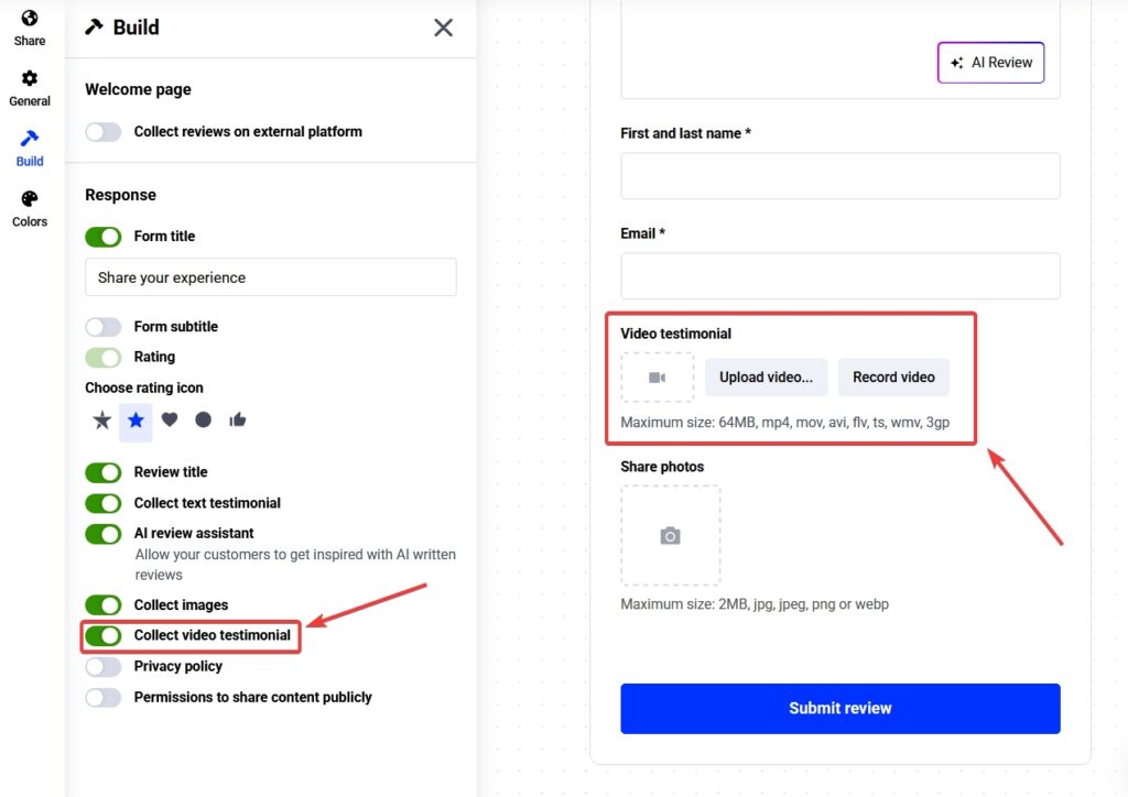 activating the collect video testimonial option in embedsocial
