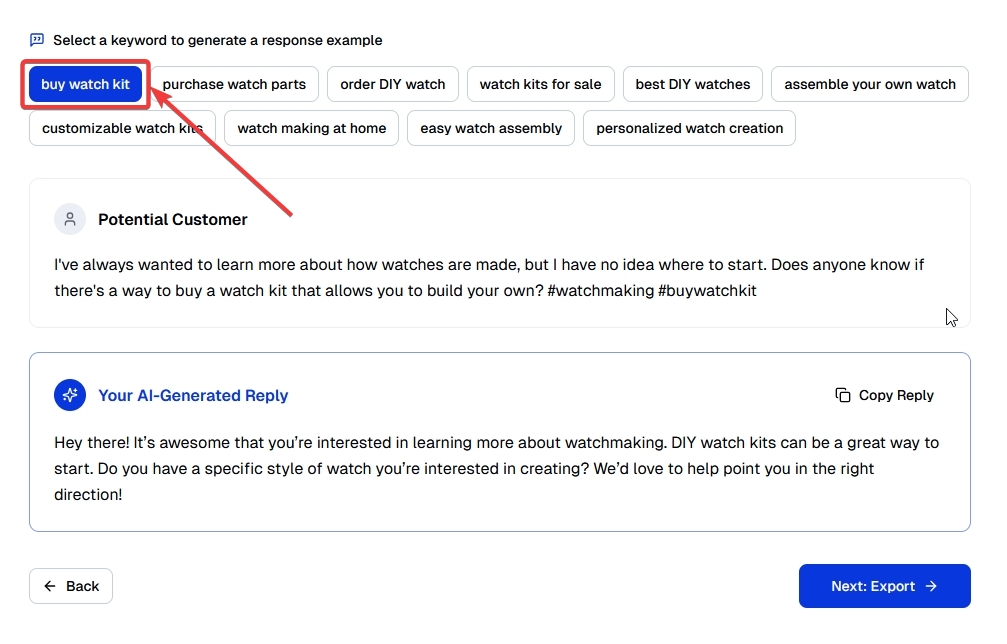 generate a response example for specific keywords