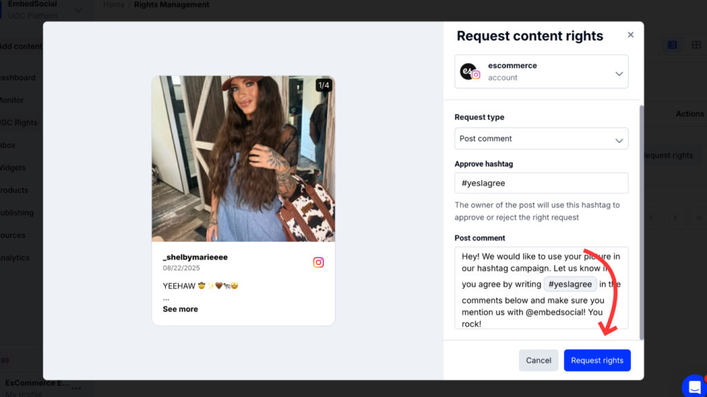 Ask for UGC rights in EmbedSocial by sending an Instagram comment or direct message to the post author.