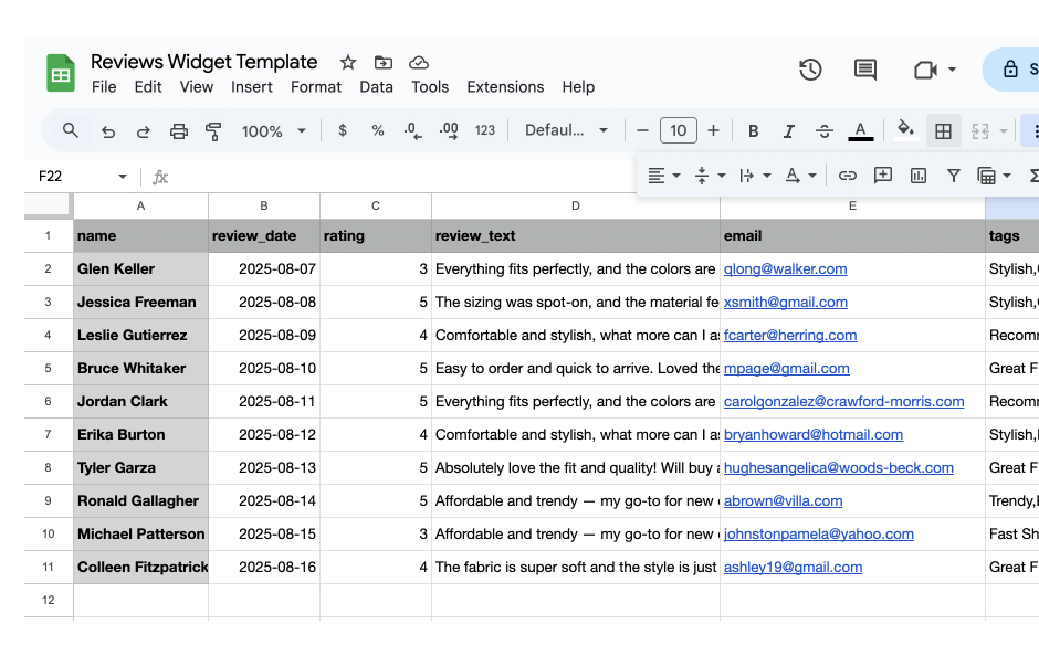 Spreadsheet template to collect reviews for upload in CSV