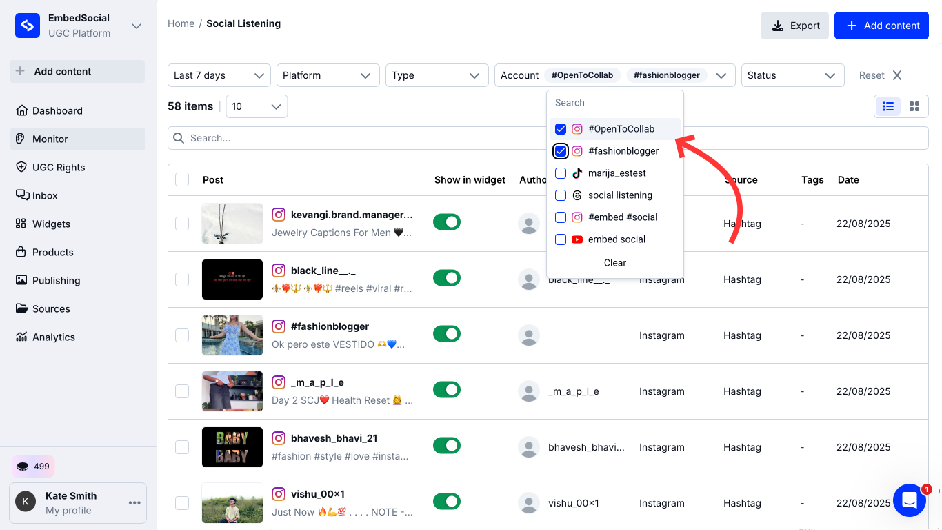 Select filters by accounts in the social media monitoring dashboard to refine insights.
