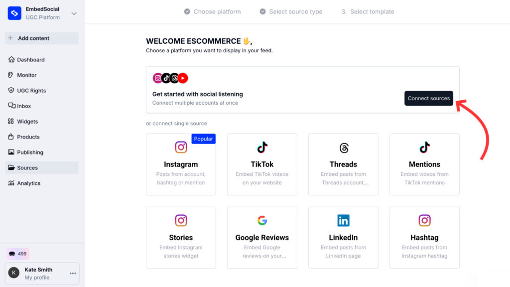 Connect multiple sources at once to start social media listening.