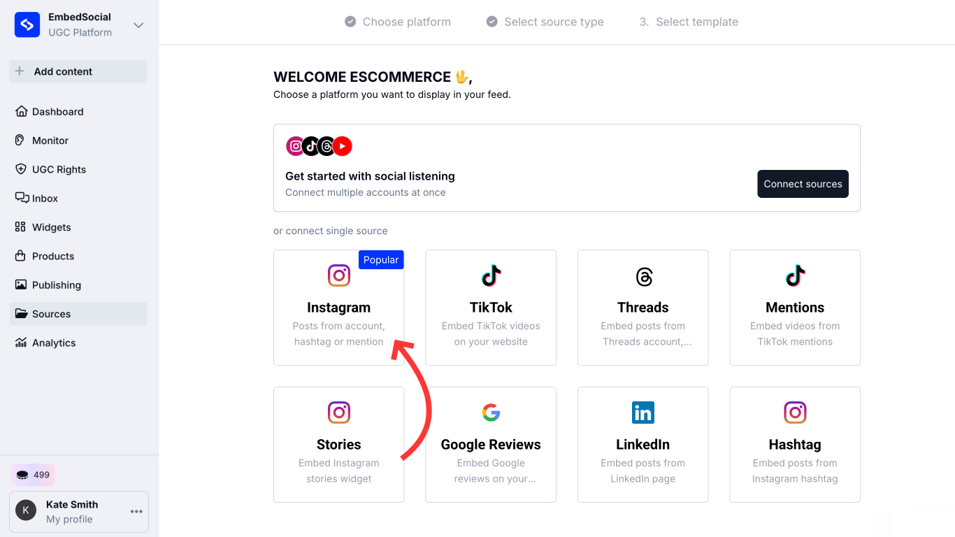Select Instagram as a source for social media listening.