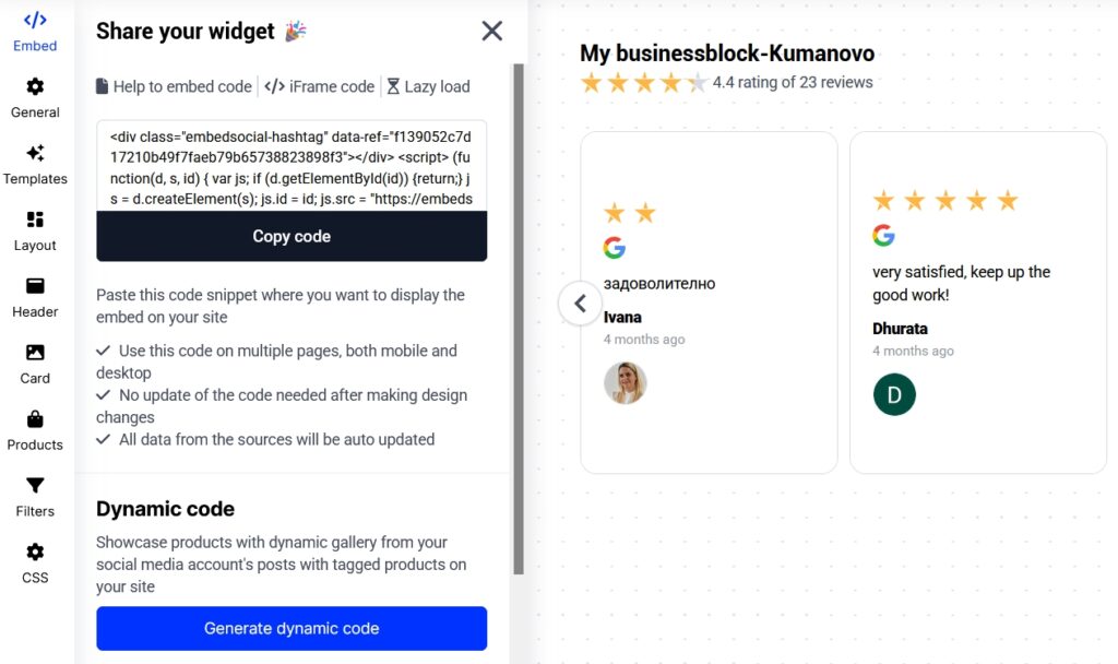 copying embeddable widget code in embedsocial