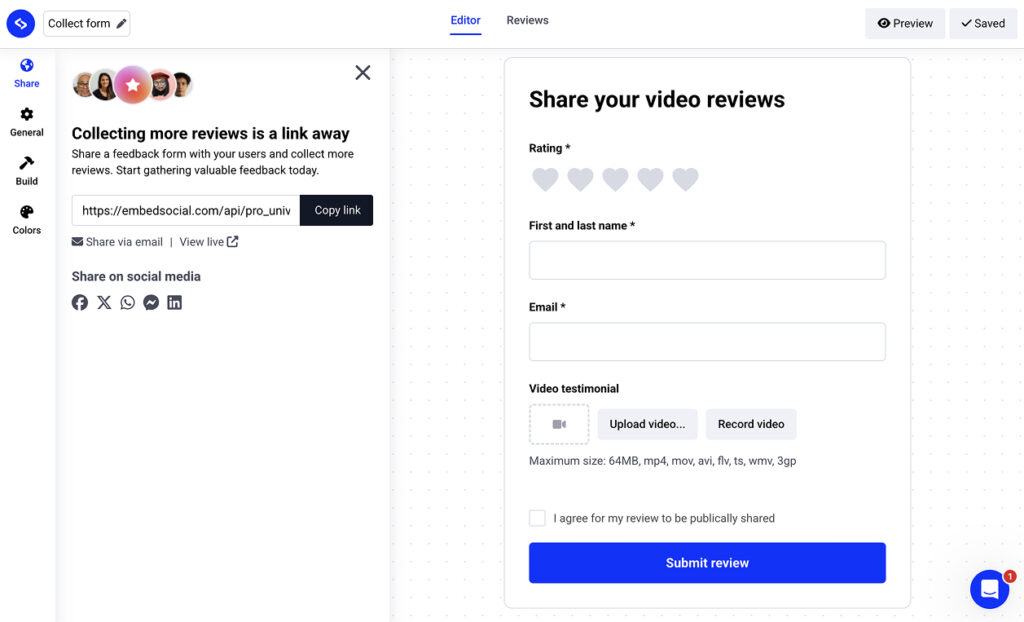 Collect form reviews link