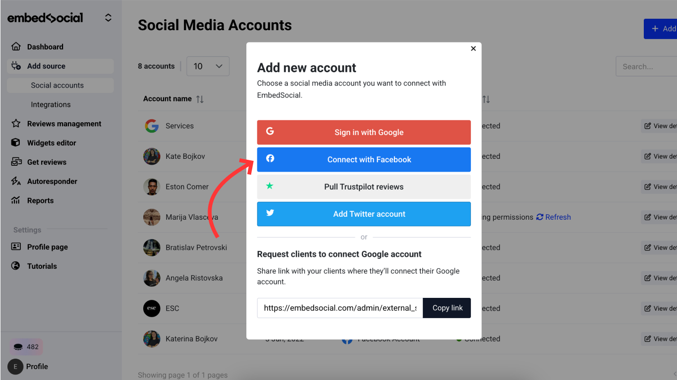 Add a new social account such as Facebook in EmbedSocial by selecting a platform and granting permissions to fetch content.