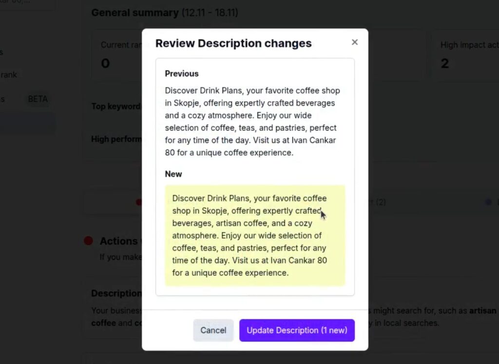 confirming recommended seo changes in embedsocial gbp