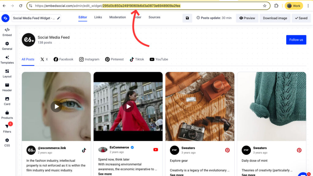 Get the EmbedSocial widget reference number in the widget editor 