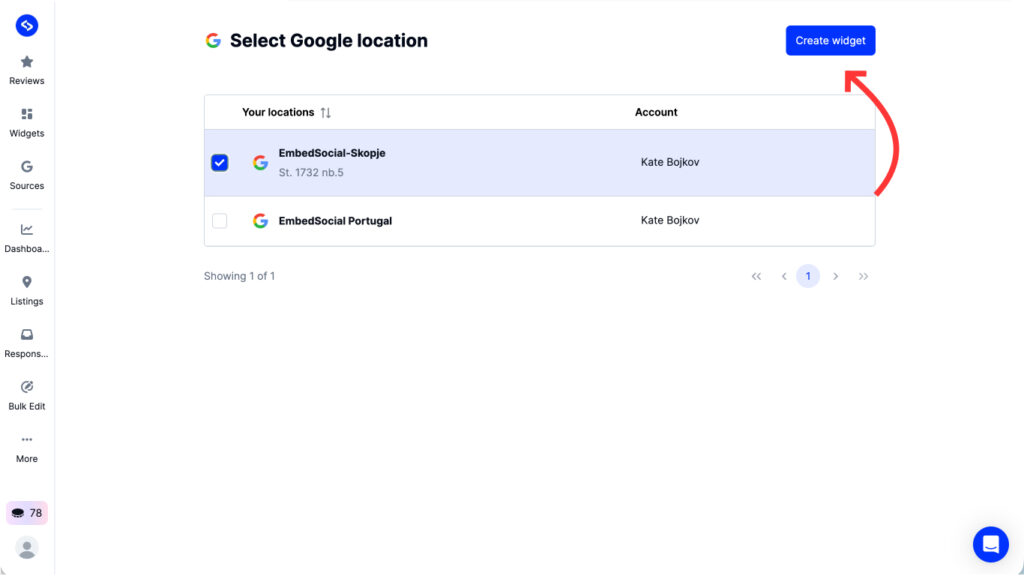 Select the Google Business Profile location or listing to add to EmbedSocial.
