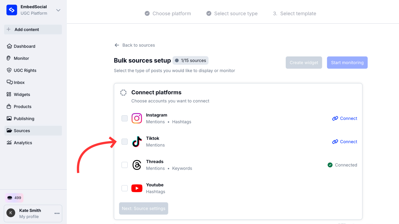 Click “Add Source” and choose TikTok to start connecting your account for social media mentions.