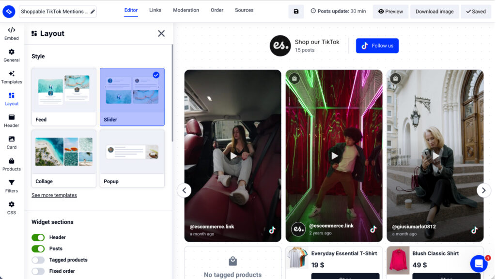 Layout and design customization settings for TikTok video widget