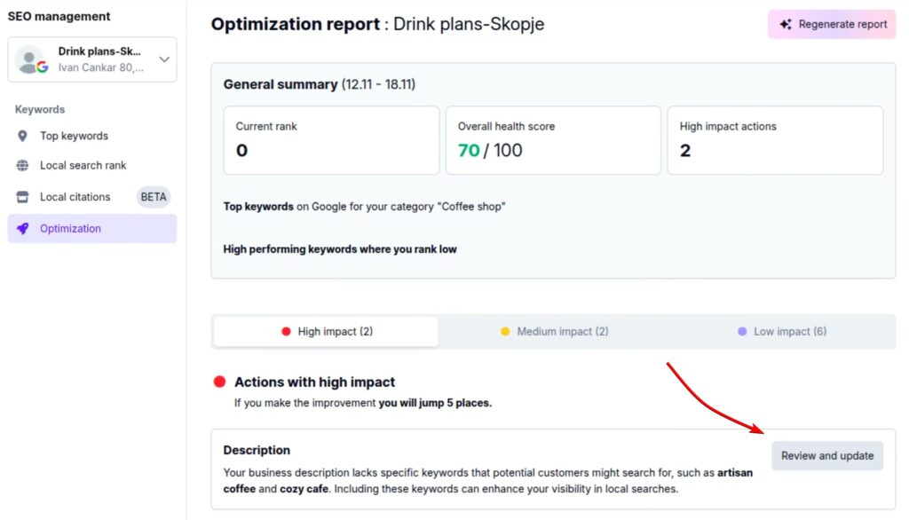 reviewing recommended seo fixes in embedsocial gbp platform