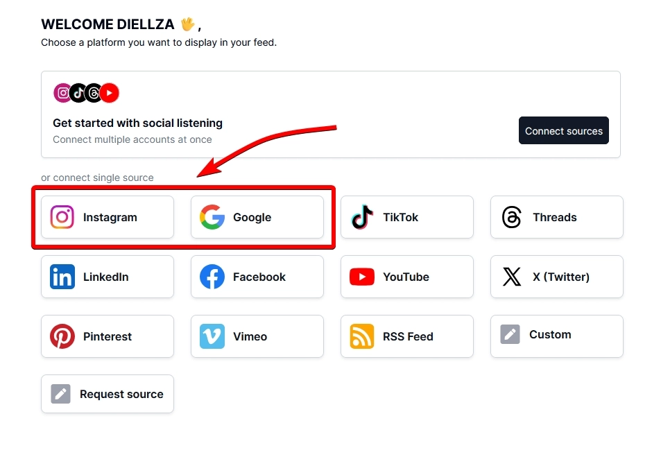 addi-ng instagram and google sources in embedsocial