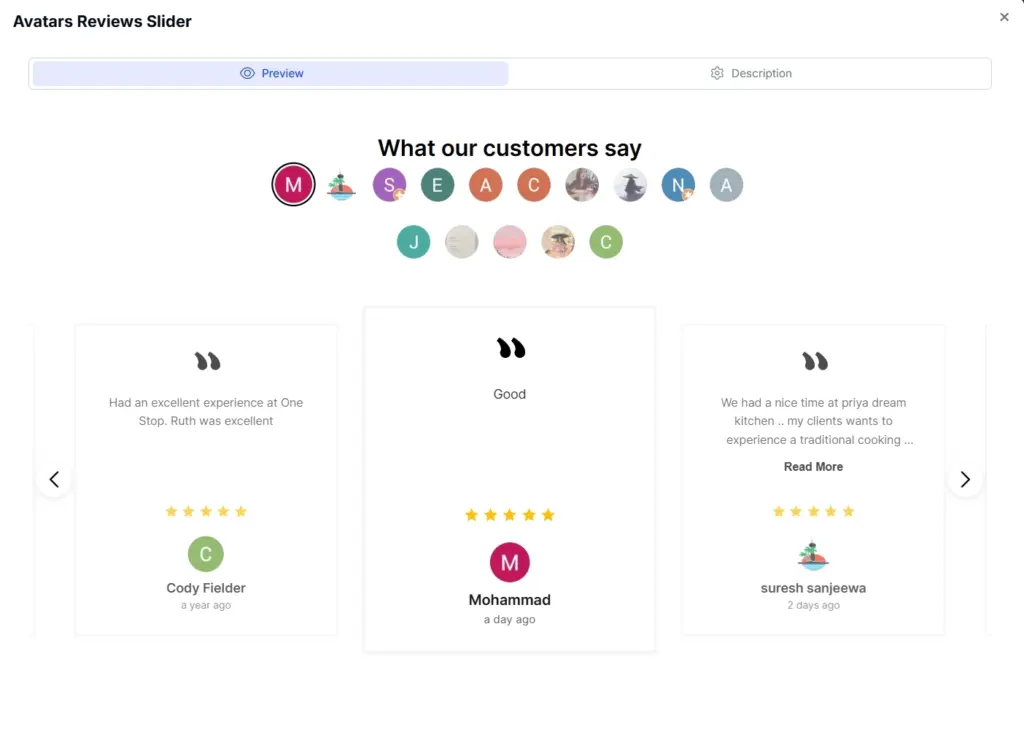 avatars reviews slider widget