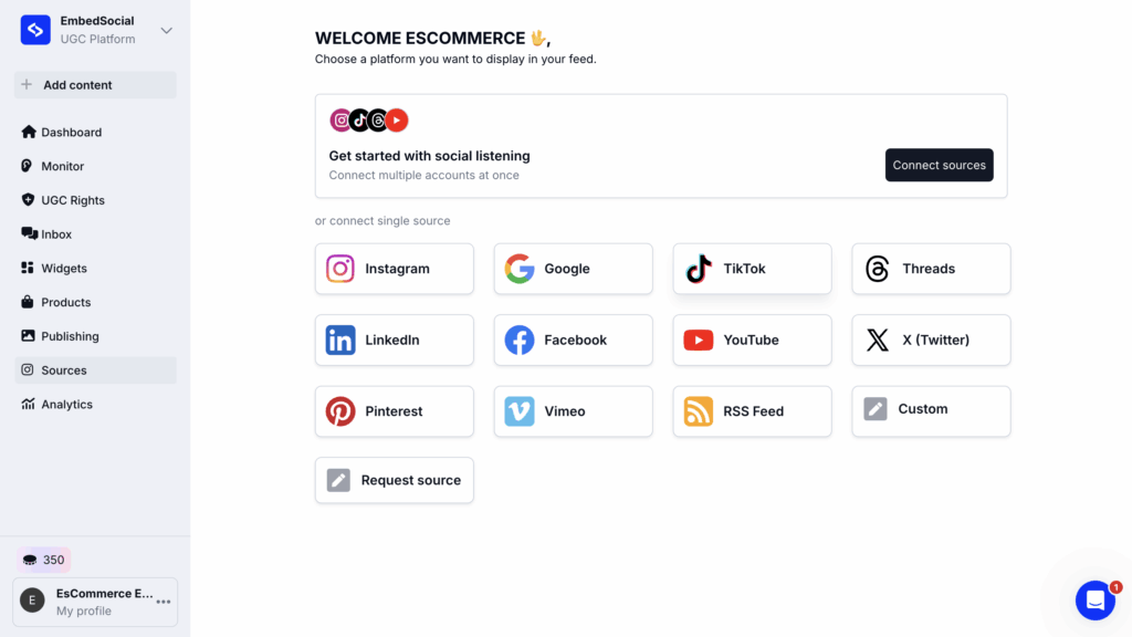 Steps to choose and connect social media source in EmbedSocial
