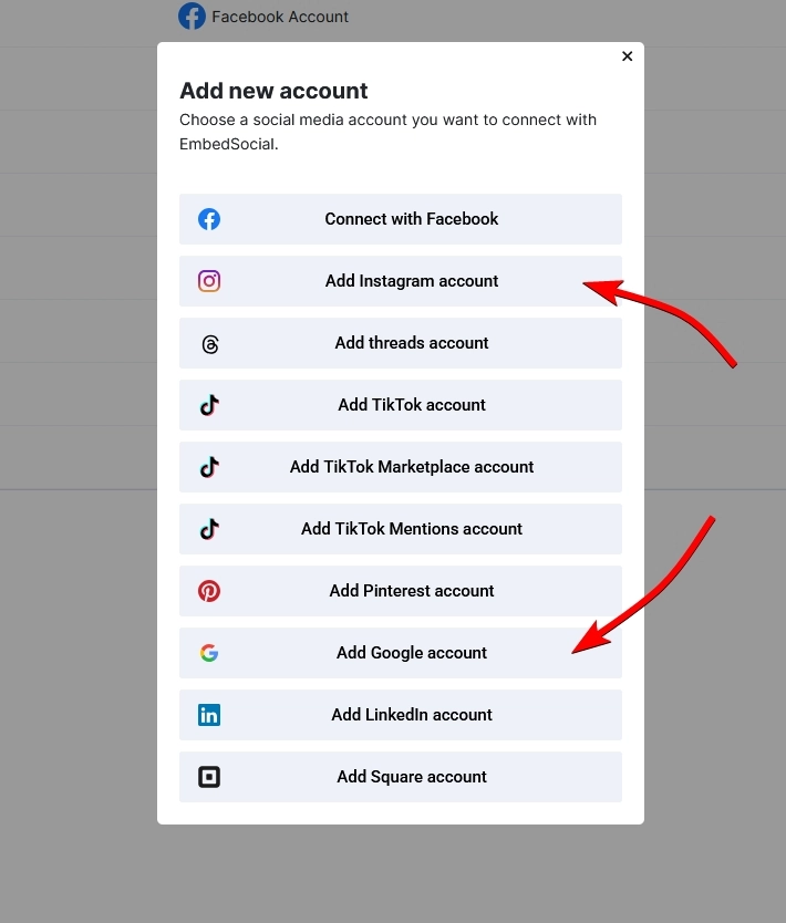 connecting instagram and google sources in embedsocial