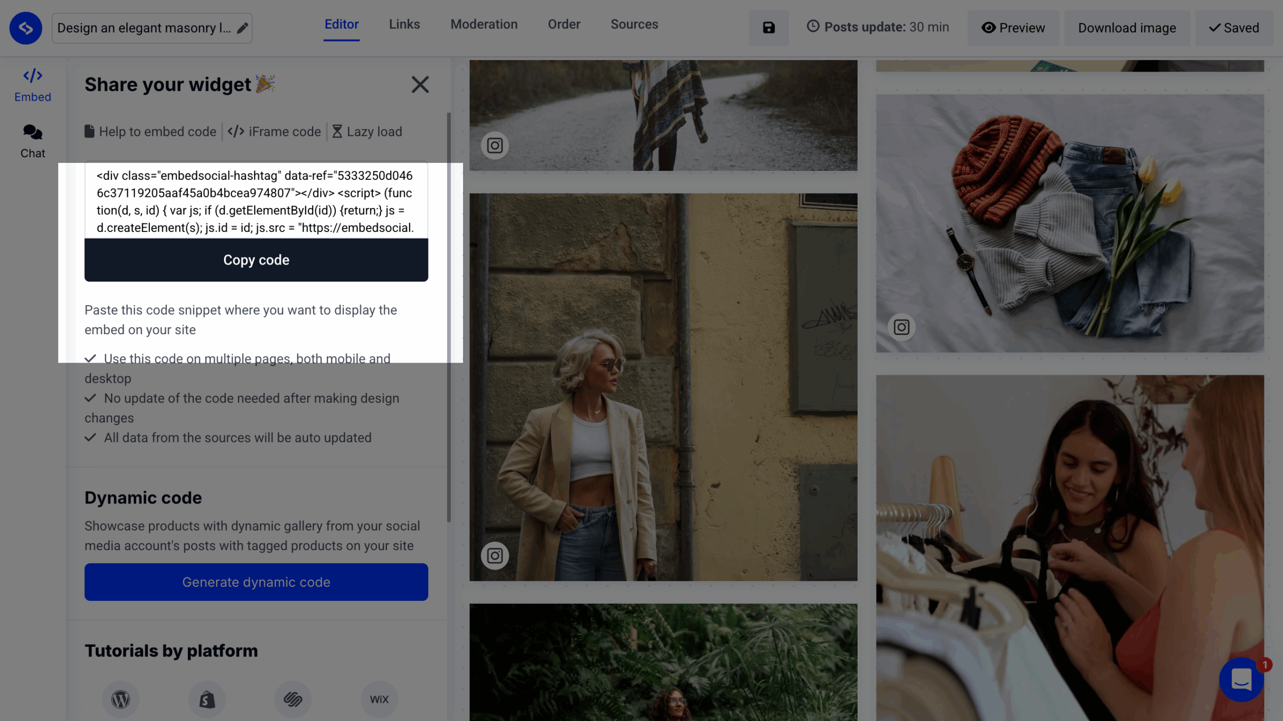 copying the embeddable widget code in embedsocial