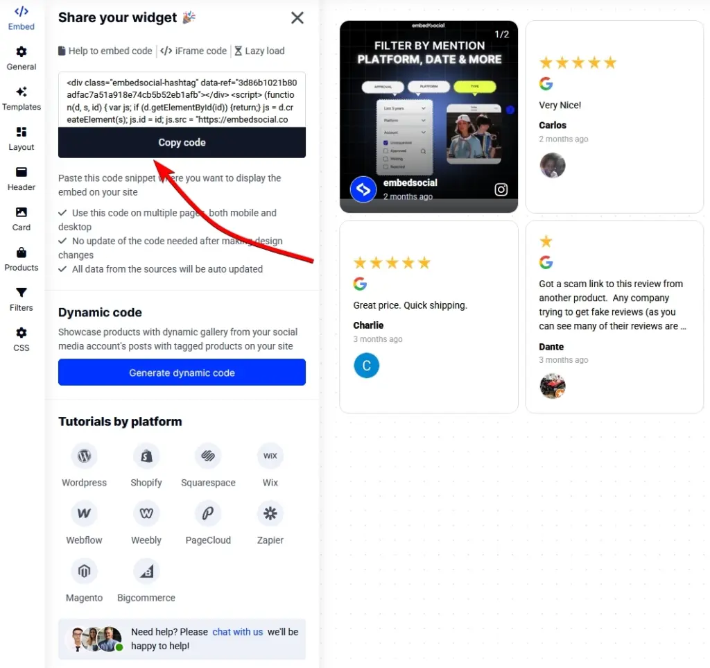 copying the embedsocial widget code