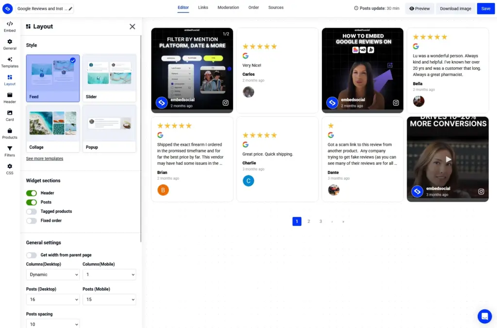 combined instagram and review widget via embedsocial