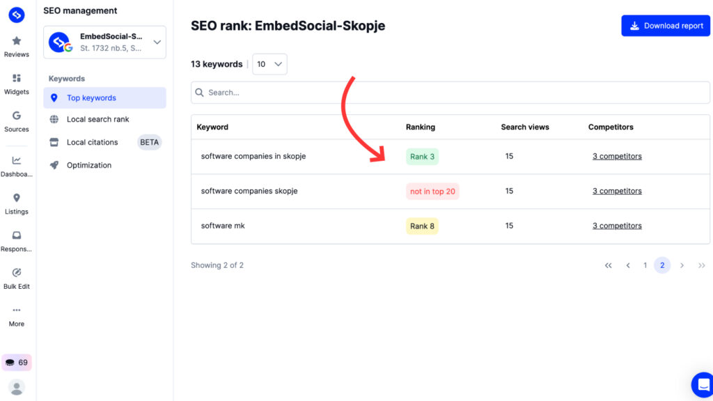 embedsocial top keywords section