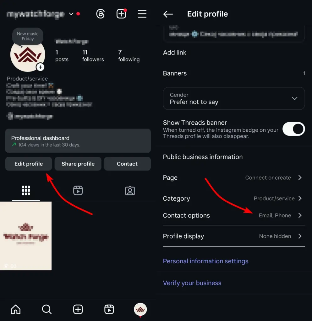 accessing instagram account contact options