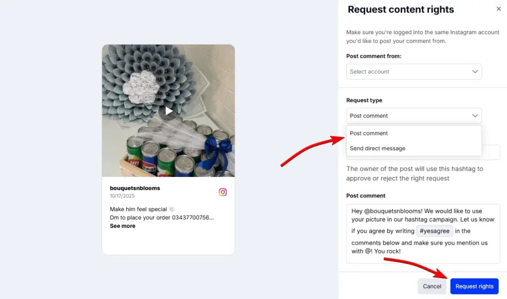 sending a ugc rights request via embedsocial