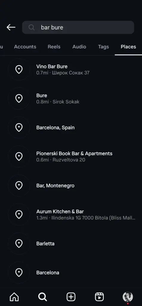 searching for a place on instagram