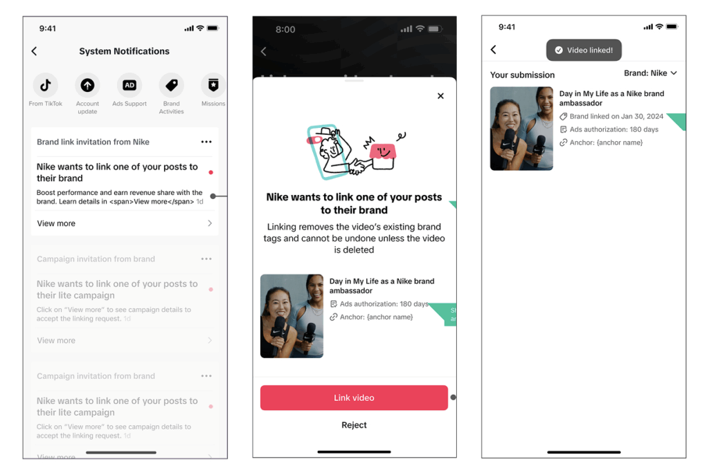 Steps to approve video link request from a brand on TikTok