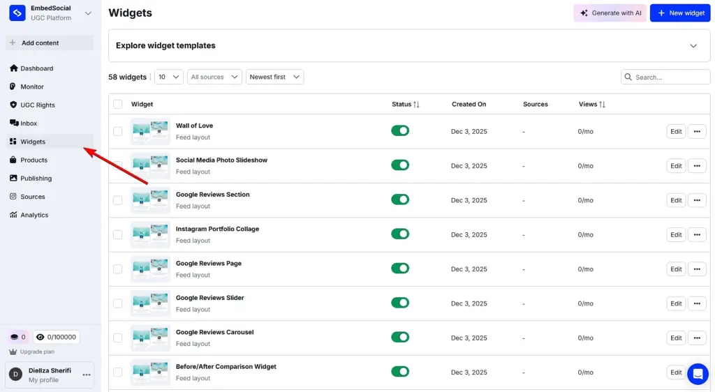 accessing the widget section in embedsocial