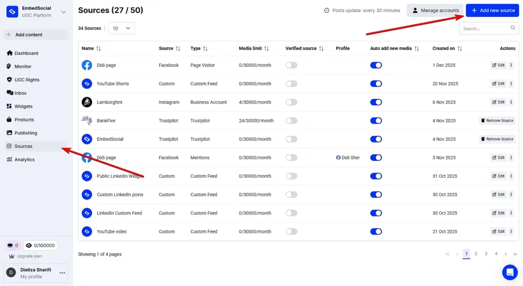 adding social media source in embedsocial