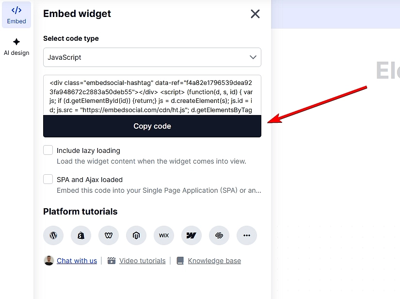copying the embeddable widget code in embedsocial editor