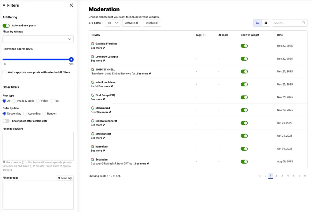 ai moderation in embedsocial editor