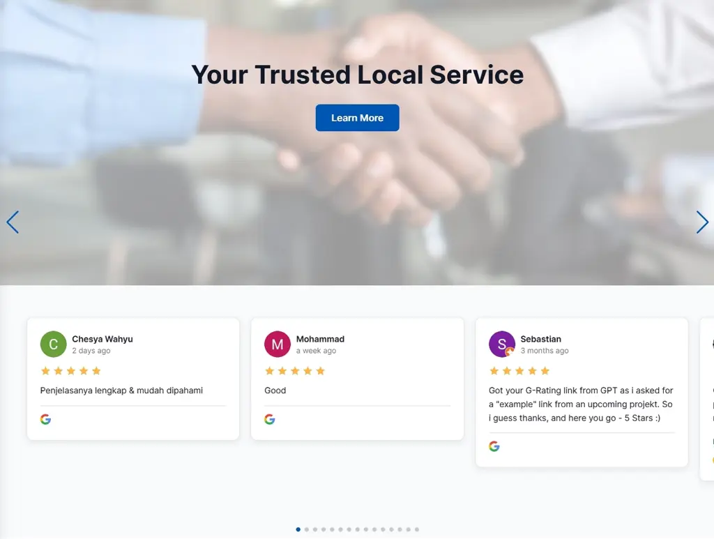 service business hero section with rotating reviews example