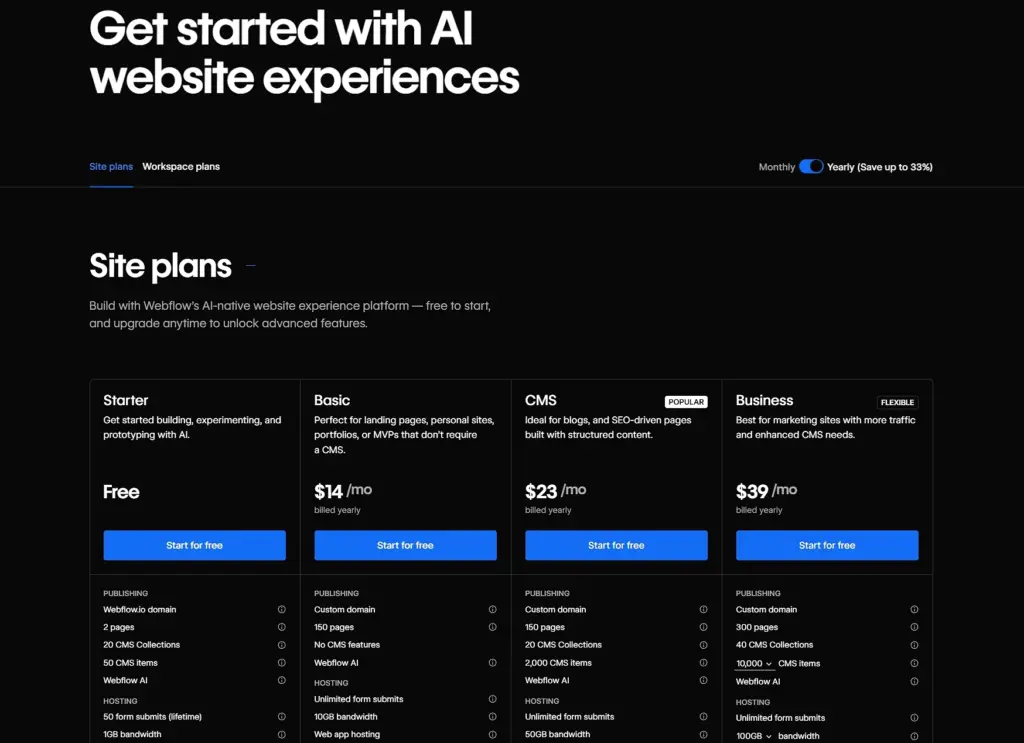 webflow pricing landing page