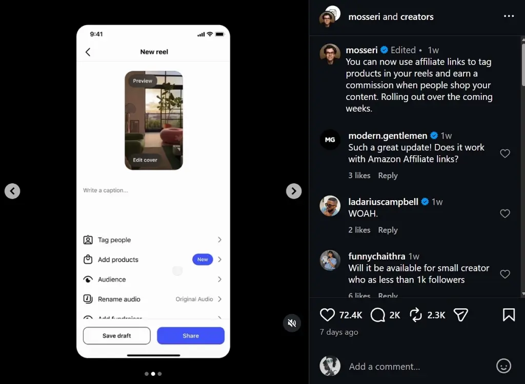 instagram affiliate links in reels
