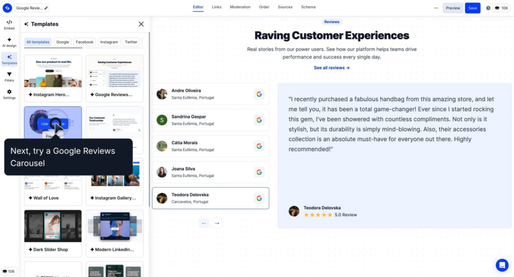 Applying the Google reviews tab layout template.