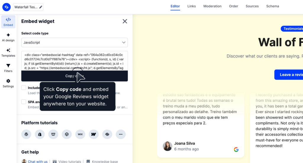 Copying the widget embed code for your website.