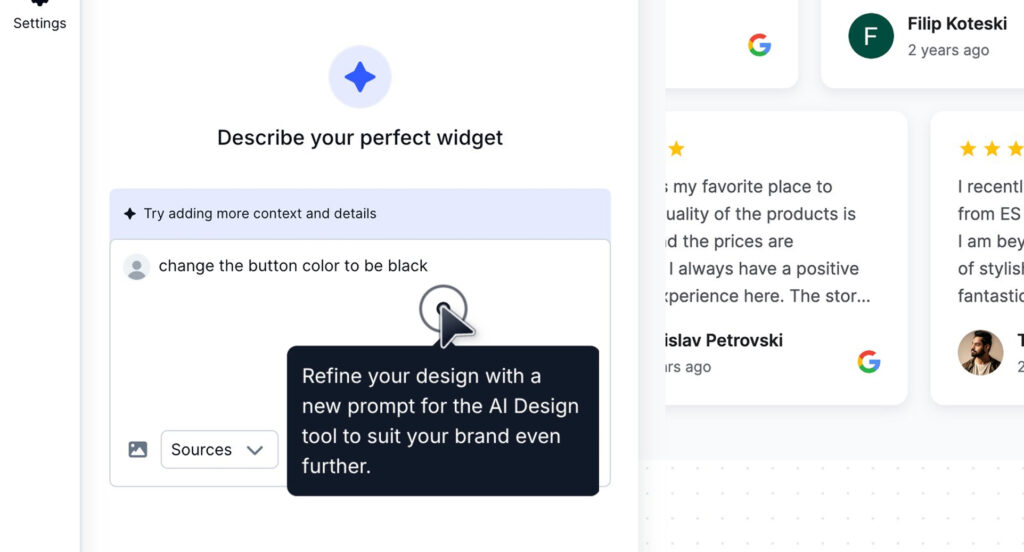 Customizing the Google reviews widget design with real-time AI instructions.