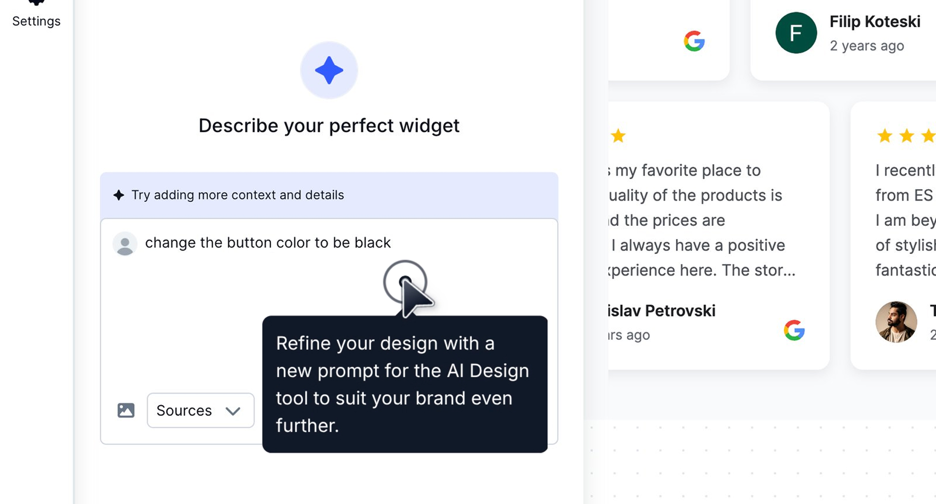 Customizing the Google reviews widget design with real-time AI instructions.