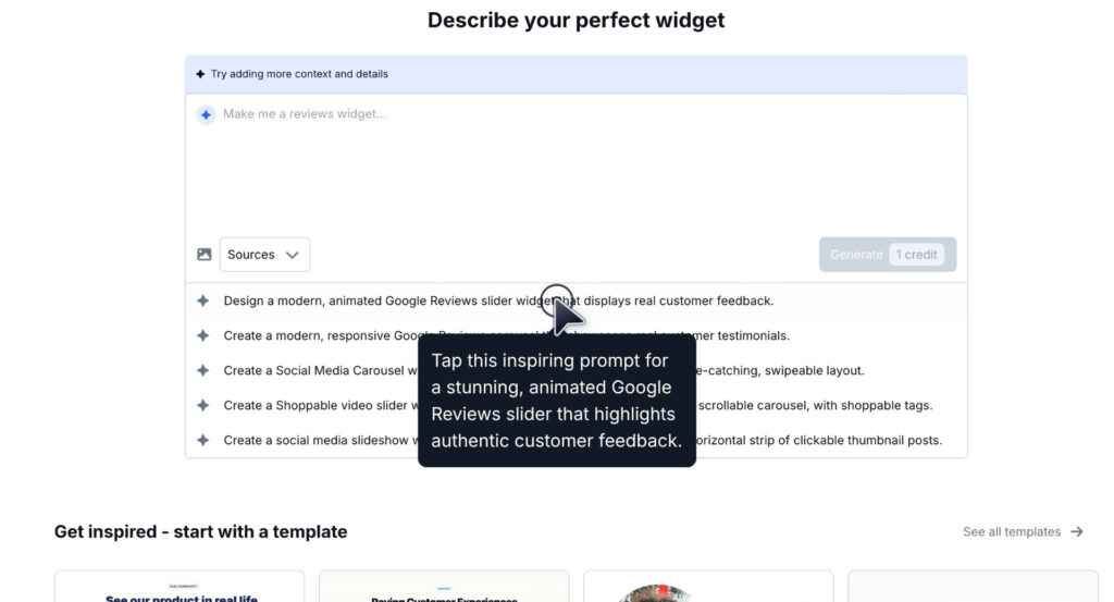 Using pre-defined AI prompt to generate a Google reviews widget design.
